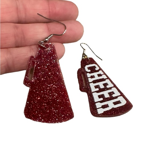 Red Glitter and White CHEER Megaphone Drop Earrings - Picture 4 of 6